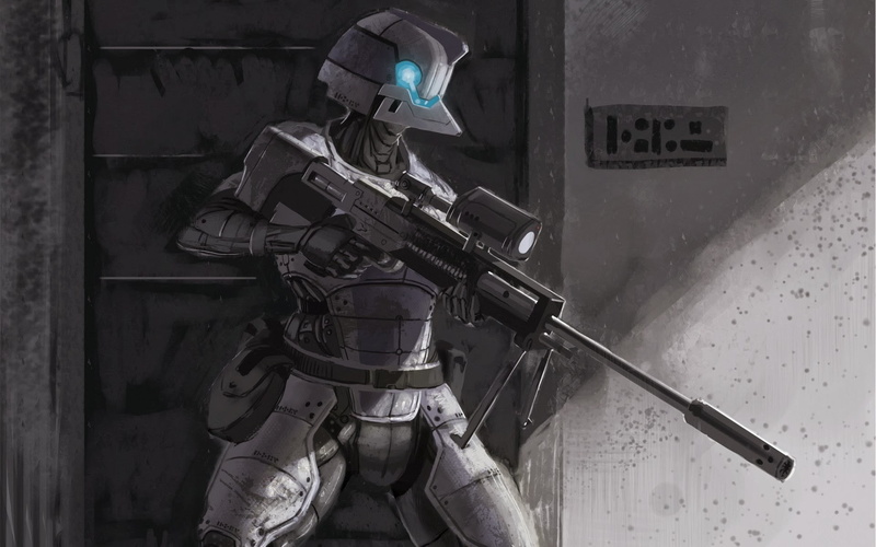 astronaut, sniper rifle, unrecognizable person, sniper, protection, futuristic, outdoors, weapon, 1080P, one person, helmet, work helmet, day, robot, protective workwear