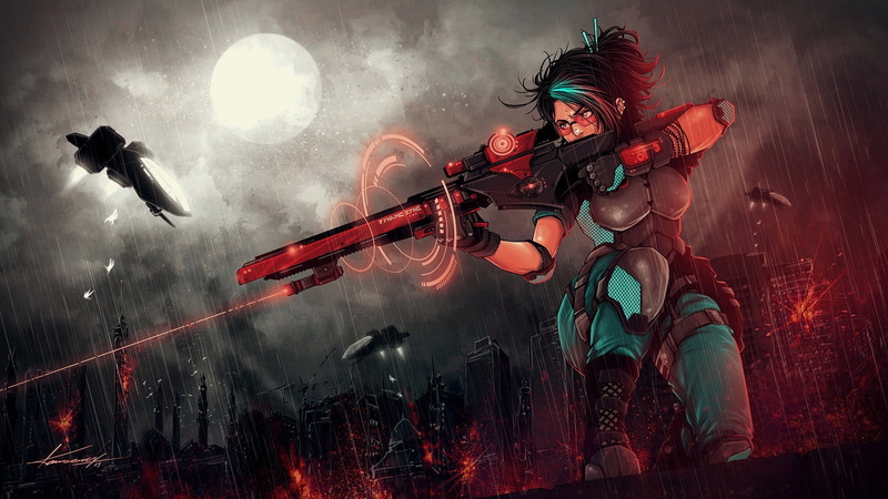 futuristic, adult, concept art, rifle, artist, illuminated, digital art, holding, one person, weapon, aircraft, women, waist up, city, character, playing