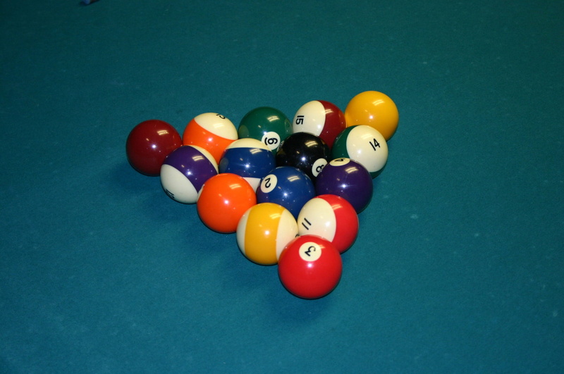 pool ball, balls, large group of objects, rack, solids, triangle shape, 1080P, table, multi colored, 8 ball, cue, sport, pool, pockets, stick, leisure games