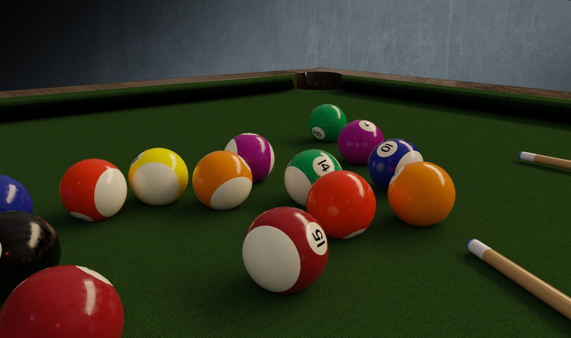 large group of objects, putting, pool - cue sport, rendering, pool, pool hall, billiards, green, ball, 1080P, multi colored, balls, play, skill, high angle view
