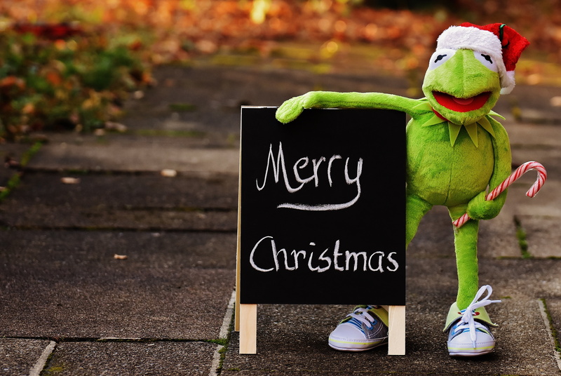 toys, greeting card, celebration, santa hat, outdoors, no people, kermit, text, toy, sign, human representation, figure, footpath, day, close-up, signage