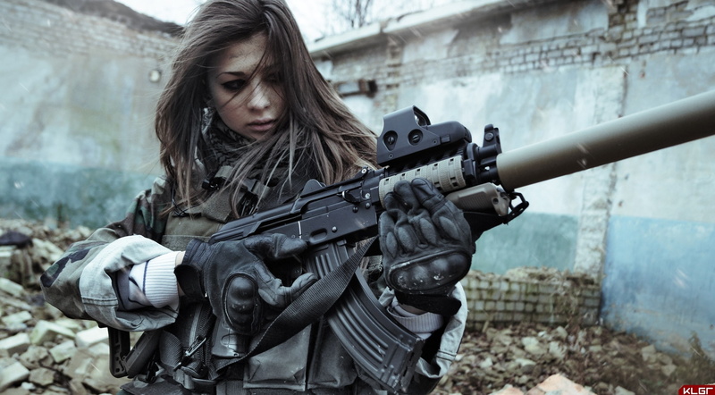 government, uniform, weapon, Girl, day, women, jacket, machine gun, military, armed forces, one person, young adult, 2K, black, architecture, leather