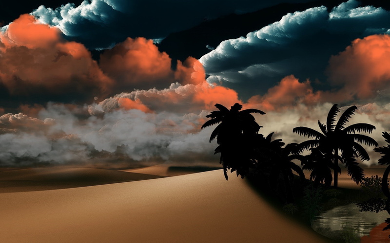 desert, tranquility, tree, environment, smoke - physical structure, scenics - nature, digital art, nature, sky, silhouette, palm trees, land, orange color