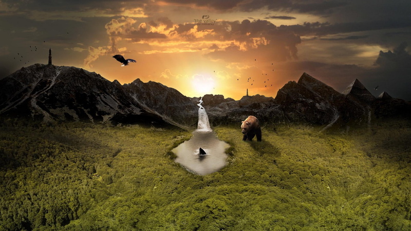 bear, hills, river, clouds, 3d and abstract, bird, oasis, sunset, greenroof, last, 1080P