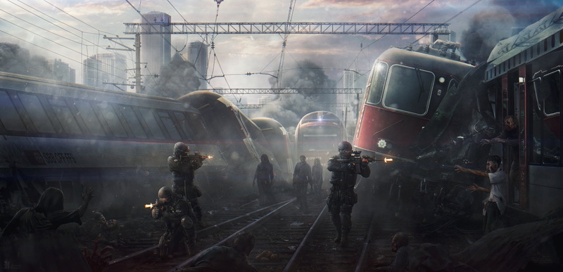 1080P, science fiction, train station, army, zombies, digital art, city, futuristic