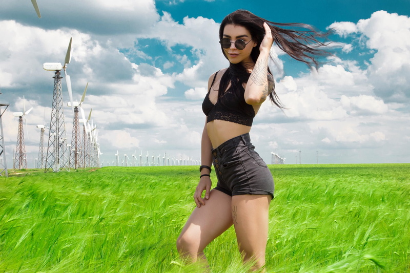 tattoo, clothing, one person, cloud - sky, sunglasses, beauty, nature, jean shorts, field, long hair, land, young women, 2K, women, portrait, leisure activity