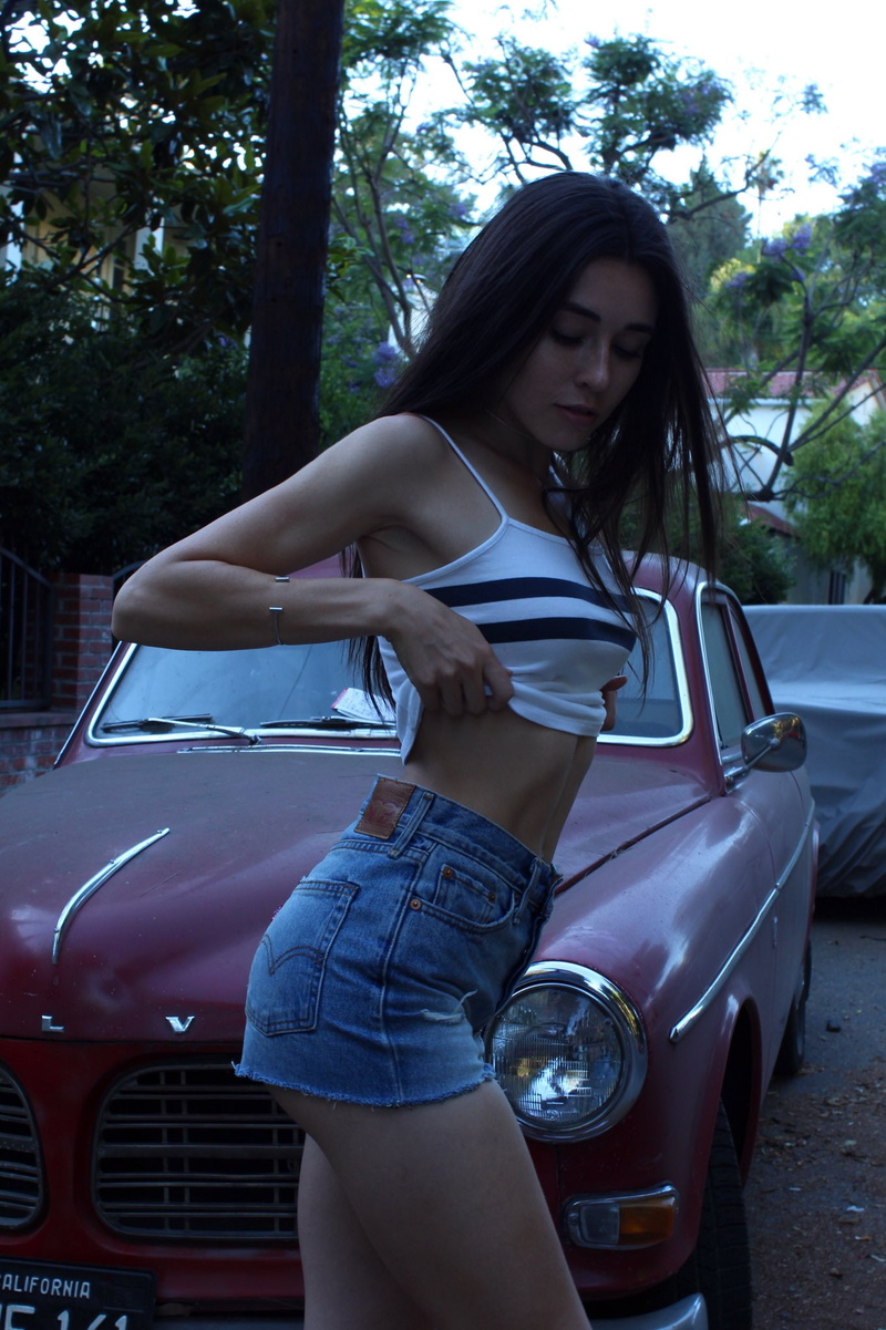 long hair, model, women, transportation, side view, motor vehicle, fashion, Volvo, Audrey Bradford, car, clothing, mode of transportation, beauty, jean shorts