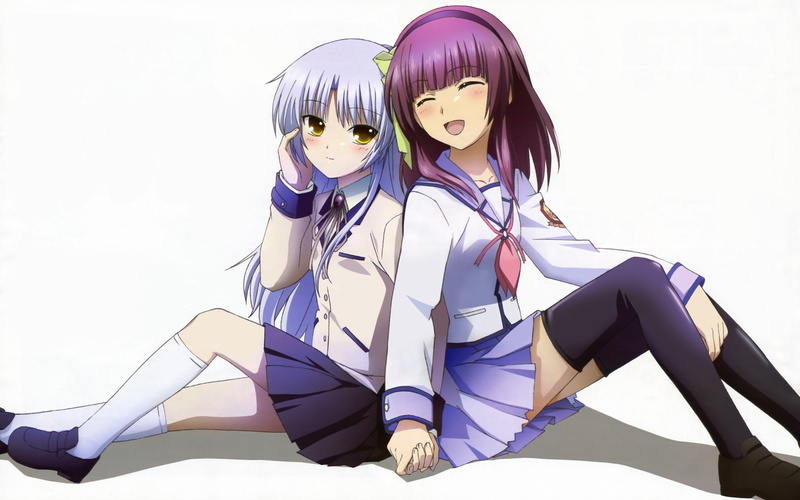 Headband, 1080P, Smile, Thigh Highs, Girl, Sitting, Blush, Angel Beats!, Skirt, Yuri Nakamura, Socks, Kanade Tachibana, Anime