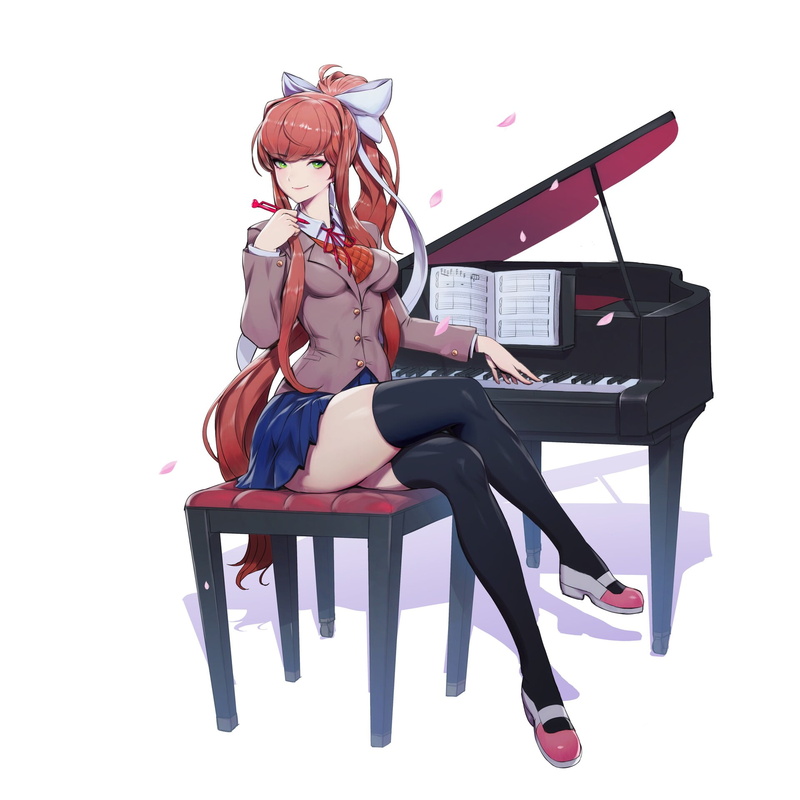 1080P, smiling, ribbon, shoes, long hair, looking at viewer, women, chair, drawing, petals, piano, white background, redhead, skirt, simple background