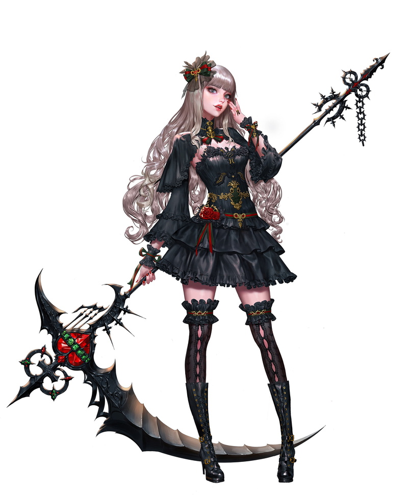 high heels, women, silver hair, black clothing, long hair, flower in hair, drawing, makeup, scythe, thigh high socks, hair accessories, weapon, 1080P