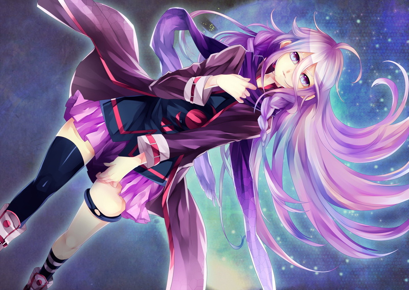 scarfs, night, purple, skirts, knee, vocaloid, legwear, thigh, skies, stars, striped, braids, jackets, socks, long, heterochromia, ahoge, highs, girls