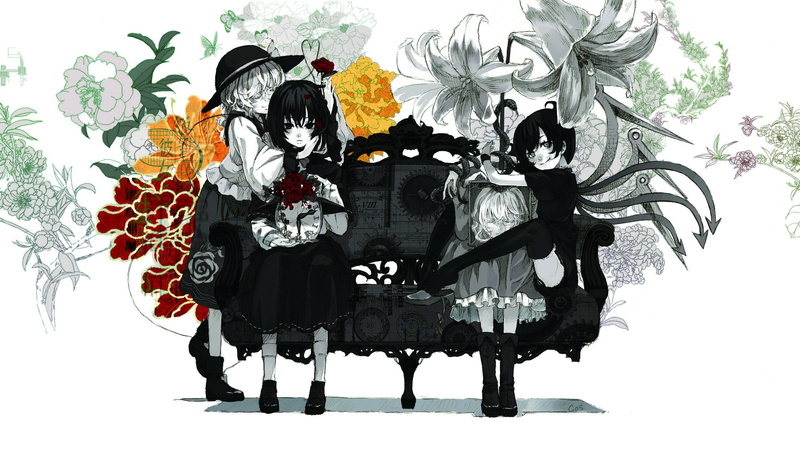 polychromatic, hats, koishi, roses, clocks, wings, komeiji, sitting, black, 2K, skirts, hair, socks, long, flowers, thigh, closed, highs, han, maribel