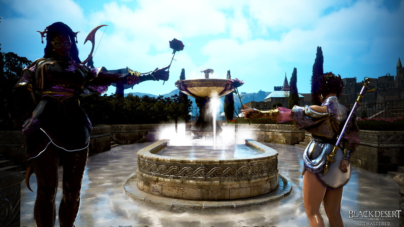 black dersert, video game characters, screen shot, black desert online, video game girls, fantasy girl, stockings, love, fontain, curvy, fantasy art, rose