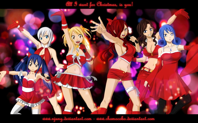 Cana Alberona, Lucy Heartfilia, Short Hair, 720P, Christmas, Fairy Tail, Blonde, Red Dress, Pantyhose, Glove, Blue Hair, Red Hair, Wendy Marvell, Belt
