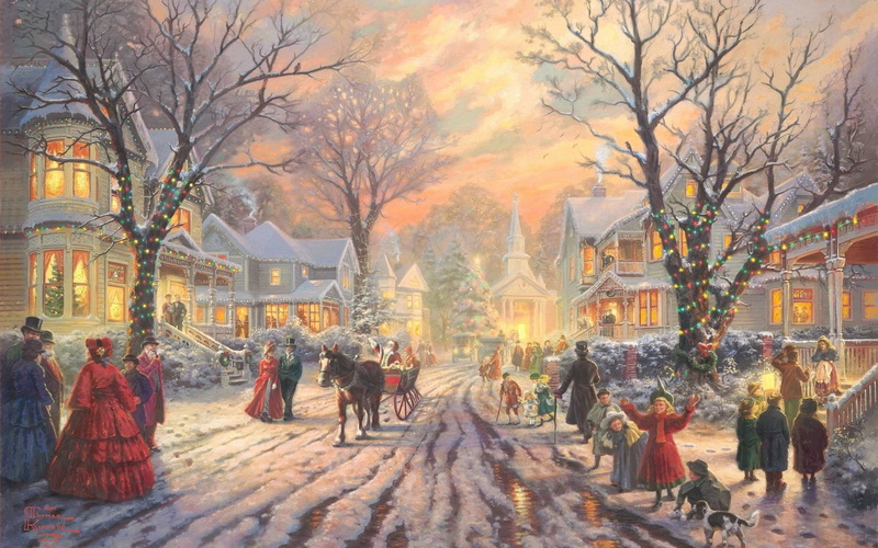 Christmas Lights, Victorian, 1080P, Night, Santa, Artistic, Street, Light, Christmas, Painting, Village, snow, People, Holiday