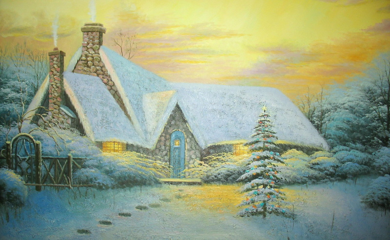 kinkade, day, the past, history, no people, thomas kinkade, white, house, water, gray, New Year, built structure, tree, sky, plant, ancient civilization
