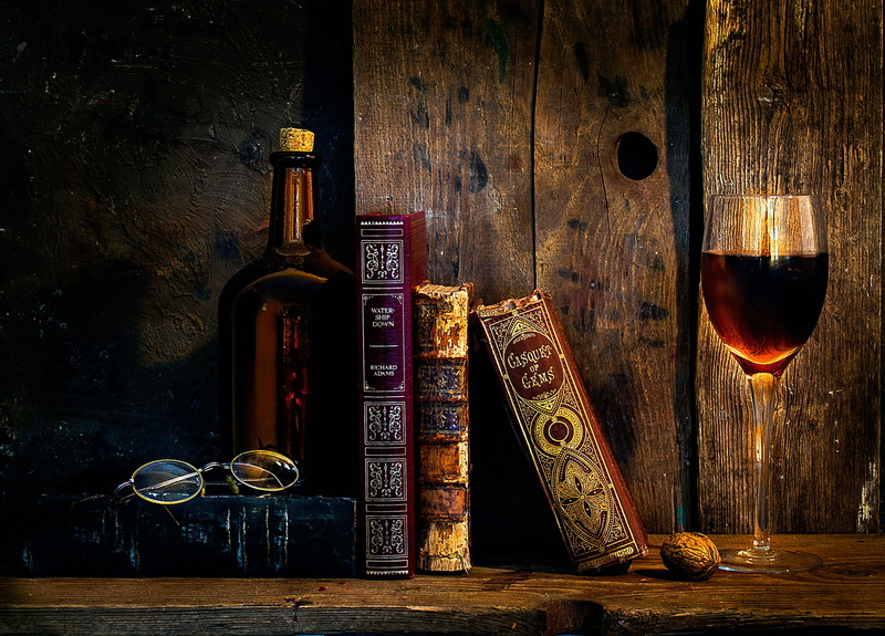 container, books, As time goes by, glass, indoors, publication, table, no people, household equipment, bottle, food and drink, antique, choice, red wine