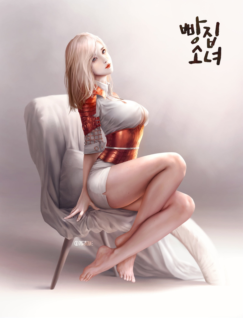 armor, women, looking at viewer, 5K, digital art, vertical, white background, cleavage, miniskirt, simple background, original characters, shirt, barefoot