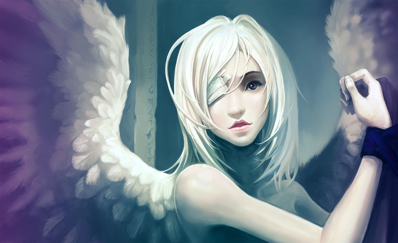 gothic, girls, blondes, fantasy, emotion, women, anime, pain, females, angel, mood, sad, face, wings, sorrow, art, eyes, 1080P, bondage, feathers