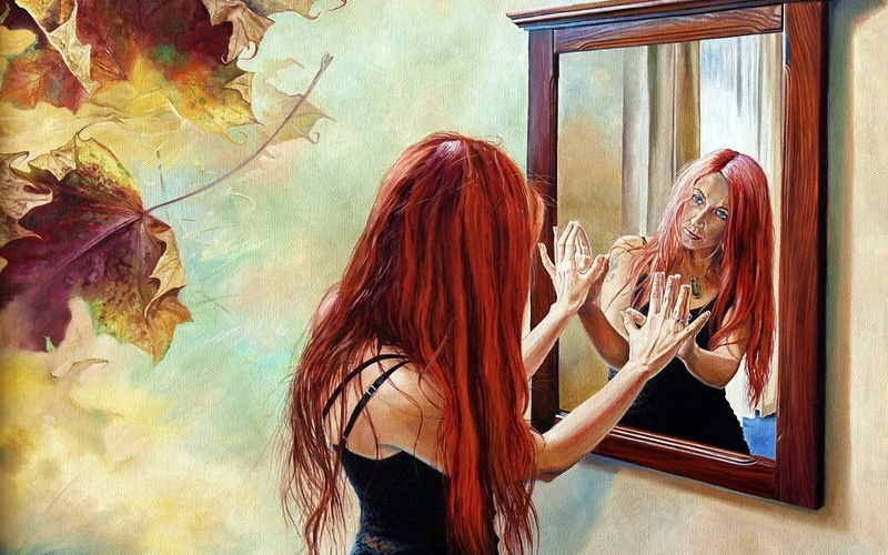 expression, redhead, mood, leaves, fall, artistic, girls, women, art, sorrow, situation, reflection, 1080P, glass, oil, paintings, emotion, abstract, angry