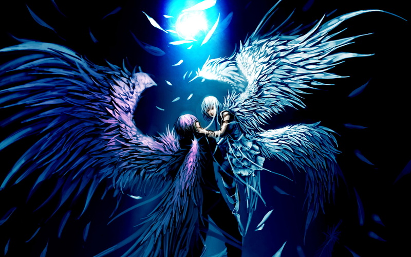feathers, artistic, fantasy, genki de deviantart com, 1080P, romance, anime, embrace, fly, wings, art, love, flight, flying, mood, emotion, sad, angels