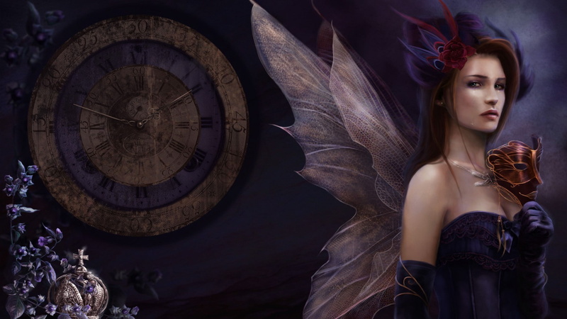 young adult, fantasy, mood, looking at camera, adult, young women, mask, clock, women, indoors, beauty, fairy, beautiful woman, portrait, face, females
