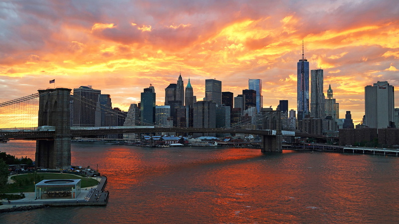 skyscrapers, buildings, 1080P, new, suspension, bridge, cityscape, york, sunset, river, hd, brooklyn
