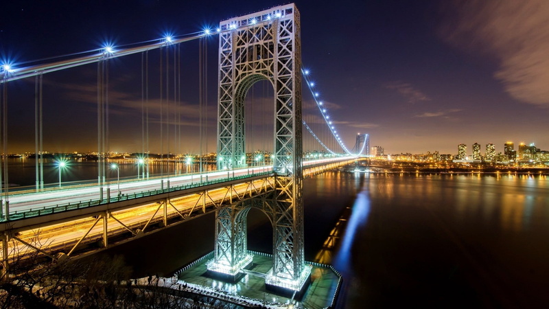 motion, city, reflection, 1080P, bridge, night, building exterior, connection, cityscape, office building exterior, bay, built structure, bridge - man made structure