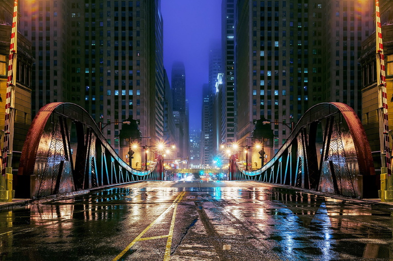 road, Skyscrapers, Illinois, Chicago, Night, 1080P, water, USA, the city of bridges, bridges, roads, evening, concrete, pools, city, grey, reflection