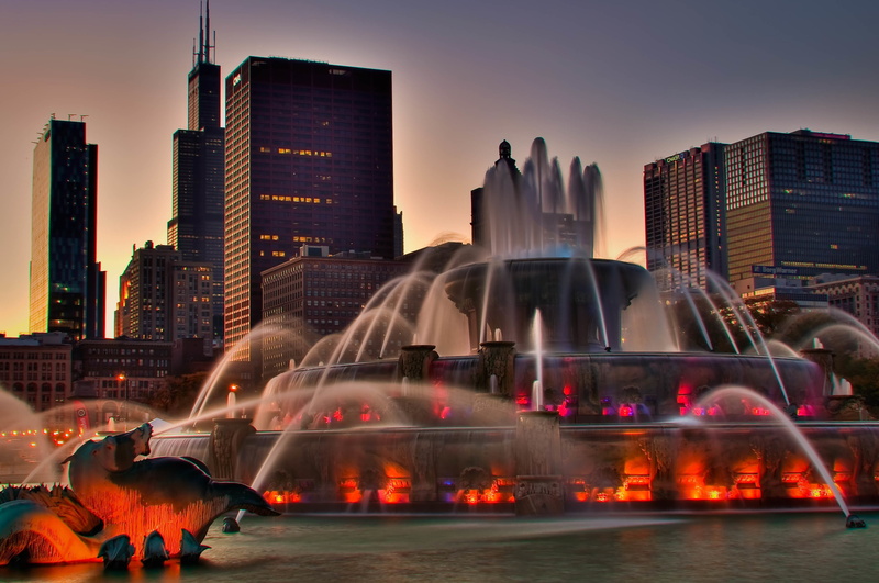 Chicago, fountain, the house, Illinois, lights, the city, USA, evening, 4K