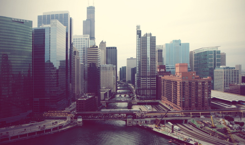 the river, buildings, Skyscrapers, fog, city, the city, Chicago, 1080P, Illinois, concrete