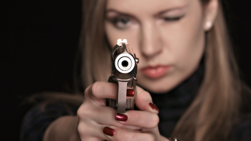 adult, people, looking, 1080P, studio Shot, gun, close-up, aggression, silver, girl, females, shooting A Weapon, weapons, focus on foreground, self-Defense