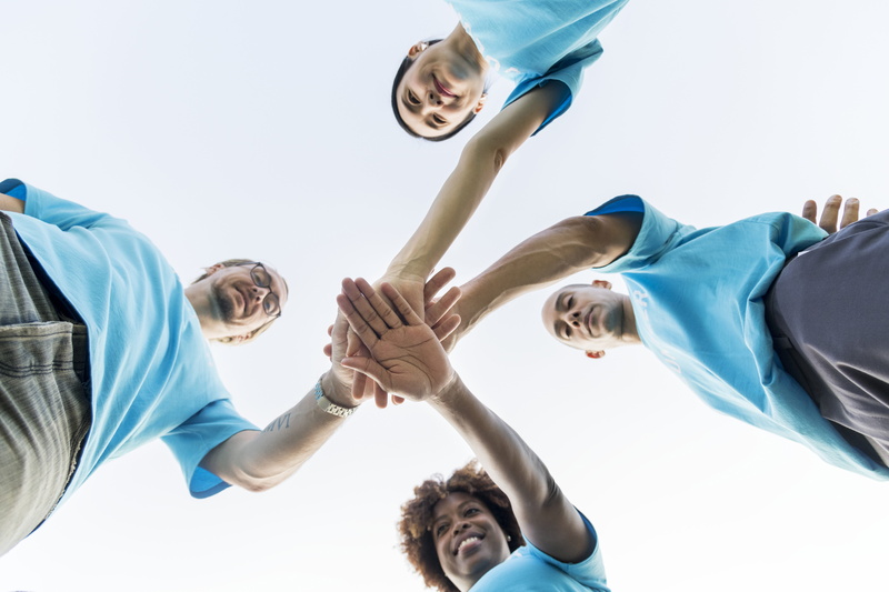 support, view, teamwork, teenager, deal, people, happiness, shirts, portrait, friends, group of people, cooperation, smiling, low angle shot, smile, low angle photography