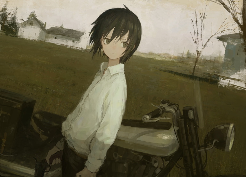 kino, chest, (mirudakemann), eyes, hair, brown, com, short, shion, weapon, gun, 252626, green, flat, hermes, motorcycle, 1080P, tabi, konachan