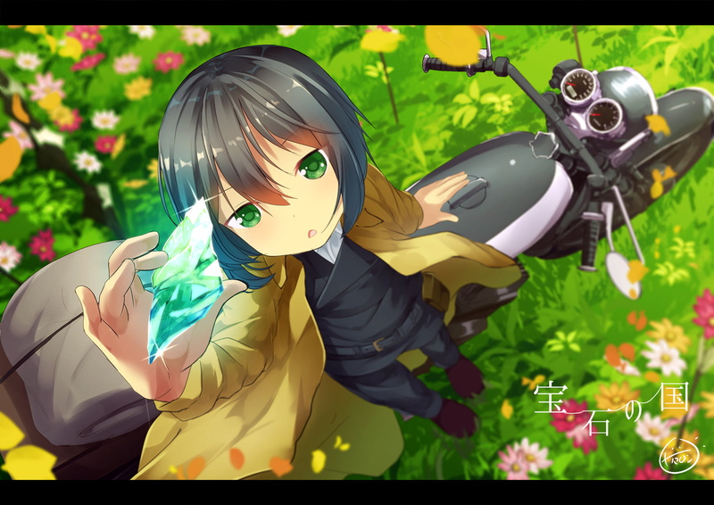 hair, tabi, grass, flowers, signed, black, eyes, short, com, hermes, motorcycle, chinomaron, green, 256483, petals, konachan, 720P, kino