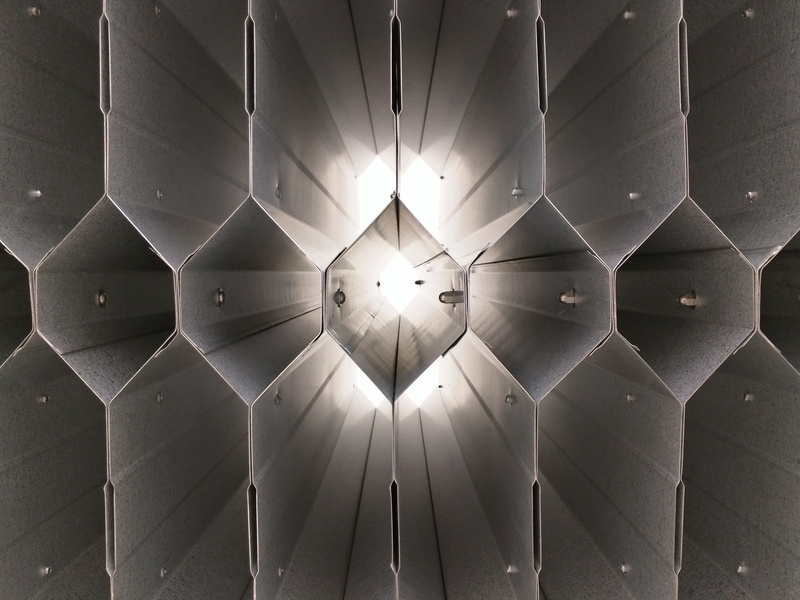 silver colored, geometric shape, centro cívico, backgrounds, close-up, architecture, ceiling, no people, built structure, aerospace industry, metal, r. mal. hermes