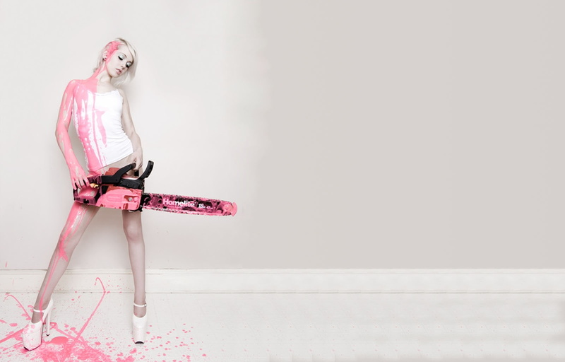 chainsaw, 720P, pink, background, guns, legs, high, art, leg, people, long, heels, women, blondes, sara, white, girls, artistic, hd