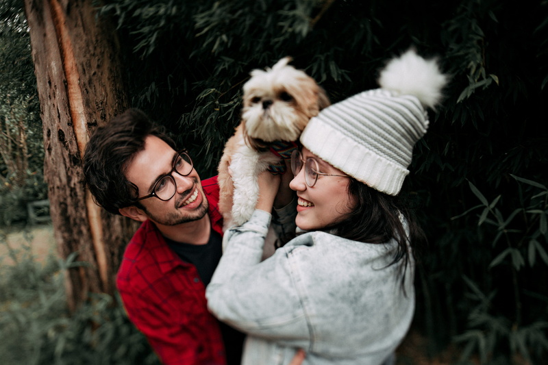 young people, eyewear, dog, females, daylight, bonding, animal lover, standing, woman, real people, facial expression, young man, lifting, puppy, smiling
