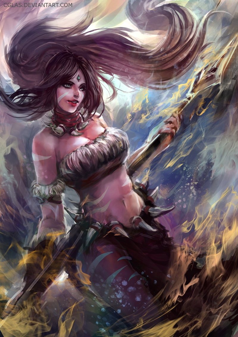 reflection, digital composite, long hair, 1080P, females, paint, art and craft, drawing, Nidalee (League of Legends), looking at camera, female, real people
