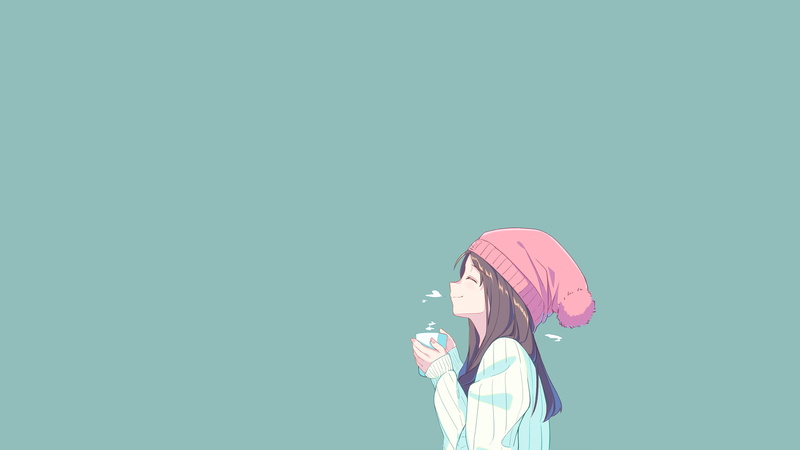 cup, anime girls, coffee, 5K, turquise, cold, brunette, minimalism, winter, anime, closed eyes, hat