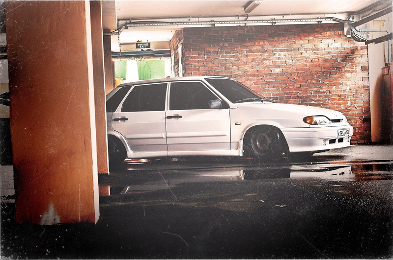 damaged, white, stationary, parking, architecture, street, brick wall, garage, urban Scene, outdoors, fourteenth, parking Lot, city, sedan, 2114, parking garage