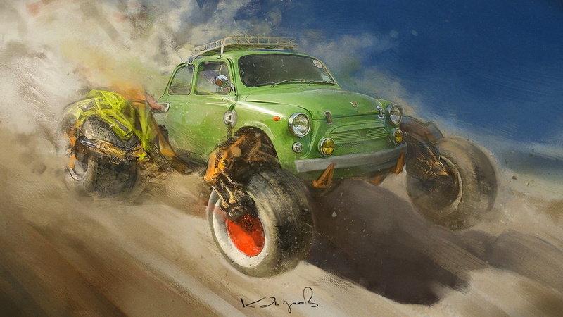 fantasy art, motor vehicle, land vehicle, sky, transportation, off-road vehicle, artwork, dirt, road, dust, digital art, day, monster trucks, Daniyar Kdyrov
