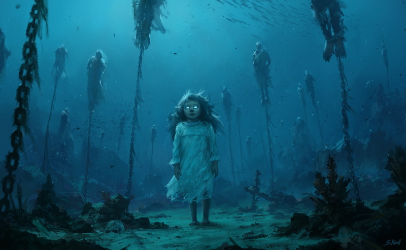 Creepy, Illustration, Sea, Art, Stefan Koidl, Chain, Ghost, Water, Horror, 1080P, The girl in the sea, by Stefan Koidl, Fantasy