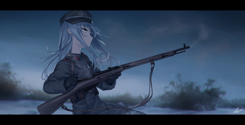 holding, gun, anime girls, teenager, lifestyles, Mosin-Nagant M91/30, nature, tree, women, cloud - sky, 1080P, aiming, weapon, sky, long hair, shooting a weapon