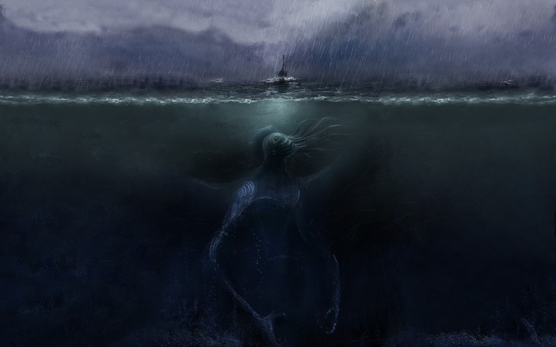 creature, artwork, sea, horror, 1080P, underwater, ship