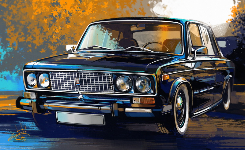 vintage car, history, Lada 1500, front angle view, Aleksandr Sidelnikov, headlight, painting, retro styled, street, 1080P, no people, mode of transportation