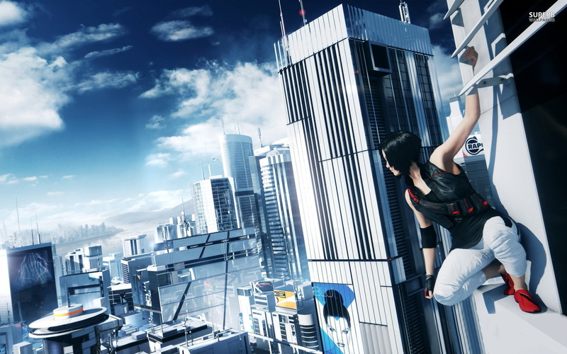 cityscape, modern, sky, Mirrors Edge, day, outdoors, tall - high, nature, building, financial district, city, pants, real people, white, lifestyles, skyscraper