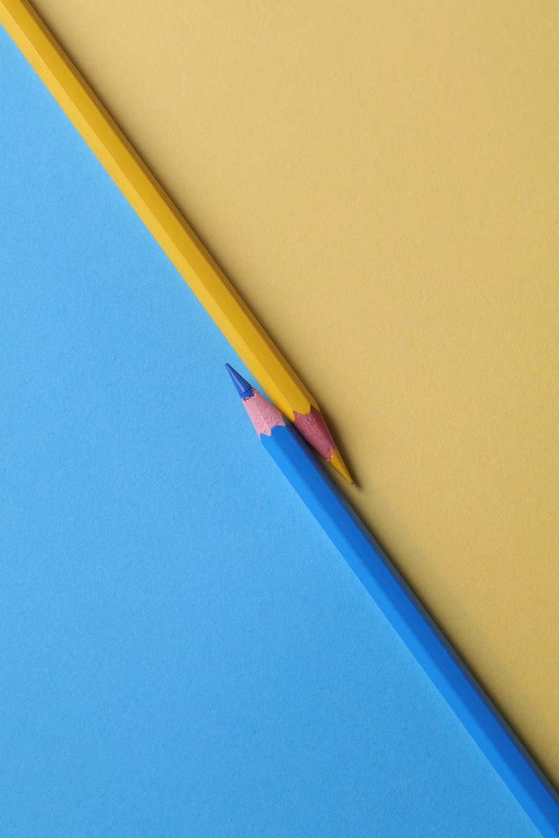 creativity, yellow, color pencils, table, blue pencil, design, pencils, two objects, sharpened, craft, blur, variation, paper, background, colored, close-up