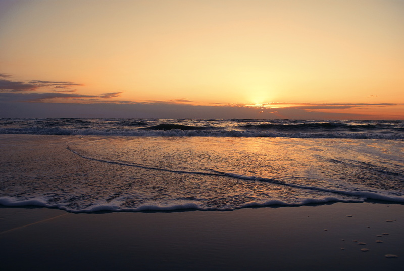 beach, shore, sand, Sea, water, sunrise, Sunset, seashore, clouds, 4K