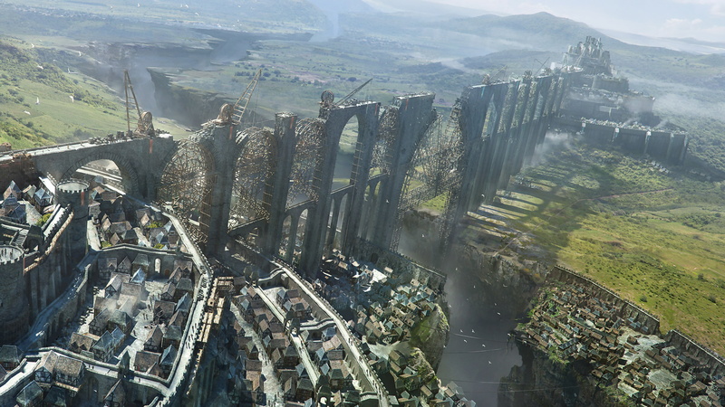 bridge, Kingdom, digital art, fantasy art, city, medieval, construction, stone arch, edge, house, 5K, castle